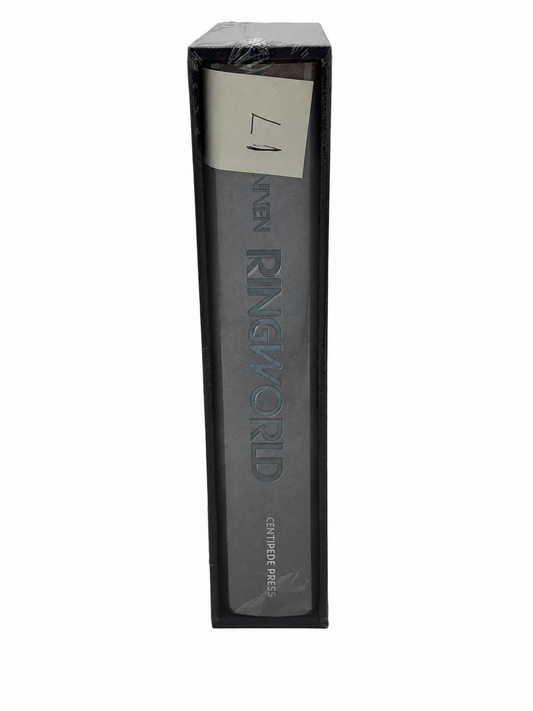 Ringworld by Larry Niven, book spine inside the slipcase with its handwritten label